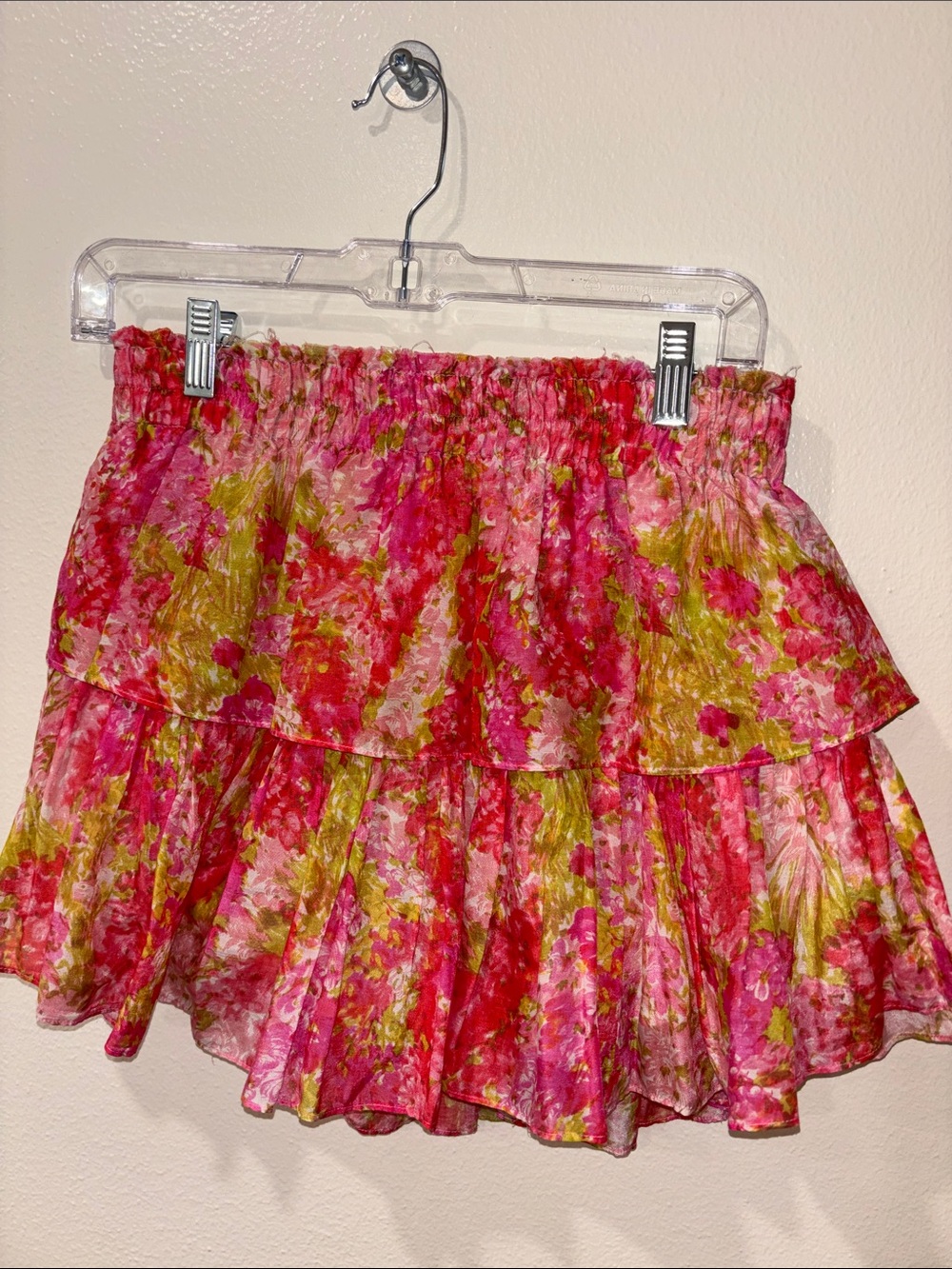 LoveShackFancy Floral Pink Tiered Ruffle Mini Skirt - M